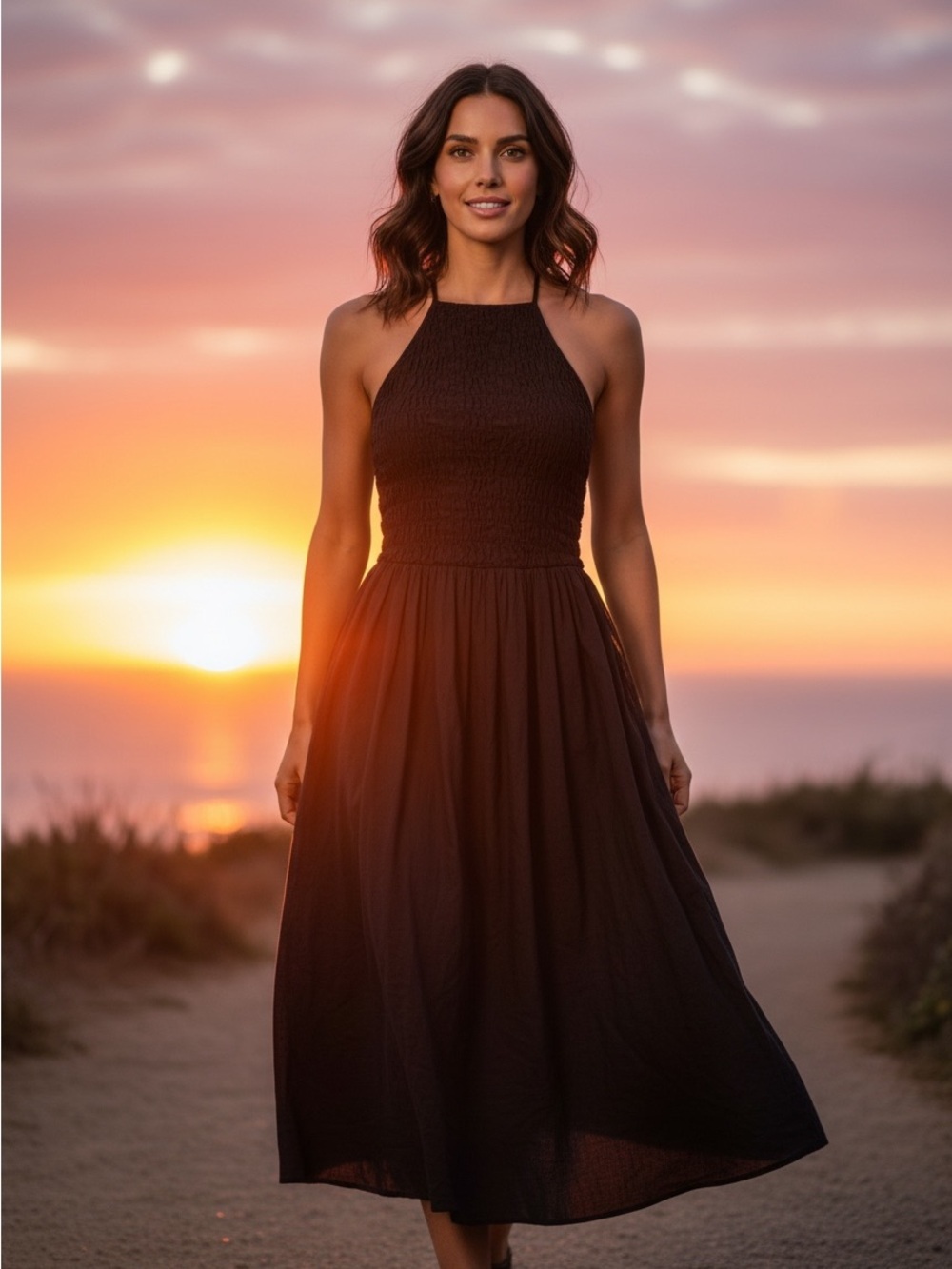 Free People XS Black Halter Midi Dress Adjustable Straps Comfy Beach Summer